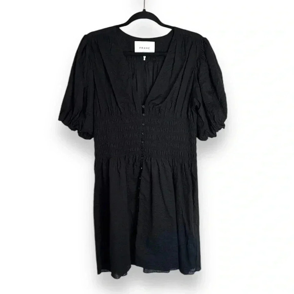 Frame Black Smocked Puff Sleeve Mini Dress Size Large - Picture 1 of 10